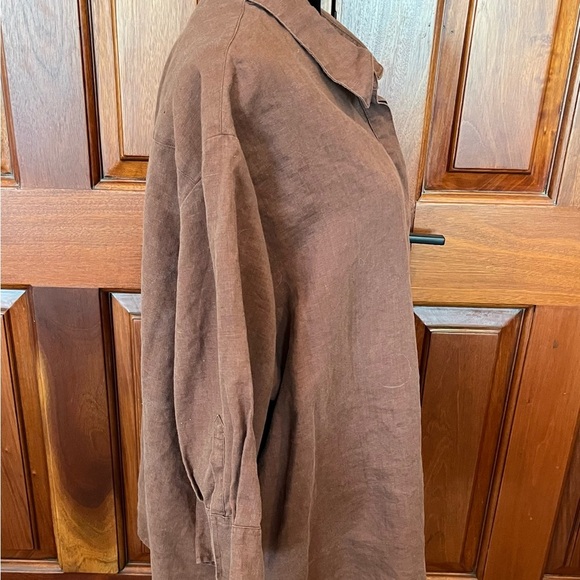 Edward Shirt Womens 1X Brown 100% Irish Linen 3/4 Sleeve Collared tunic Brown - Picture 3 of 11